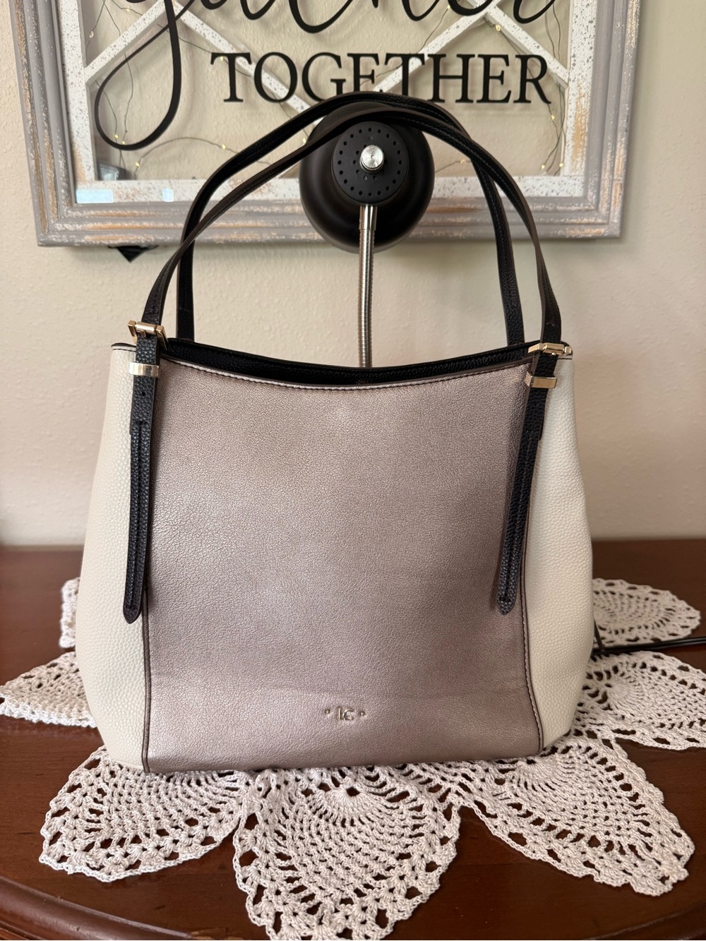 Liz Claiborne Metallic Taupe and Cream Shoulder Bag with Black Trim